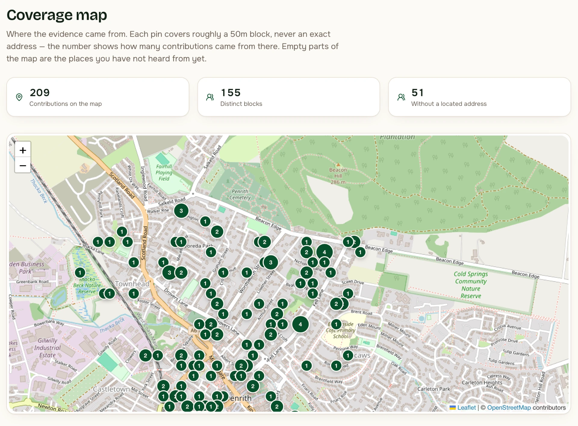 Coverage map of Madeupton showing numbered contribution pins across Penrith streets