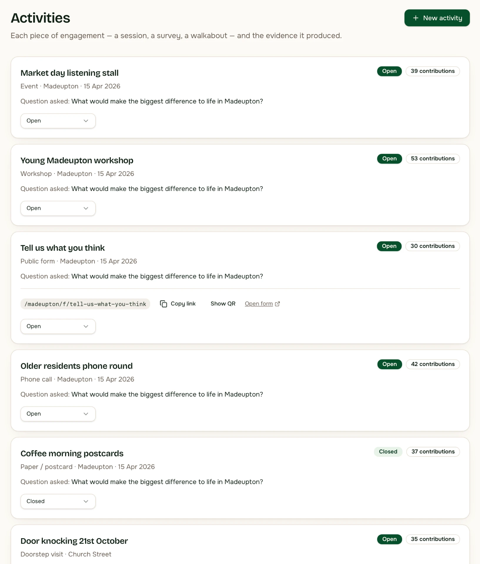 Activities list showing engagement sessions with contribution counts and a public form link